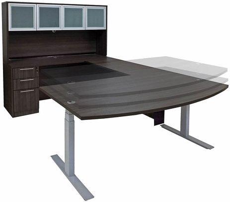 Charcoal Woodgrain Laminate Electric Lift Adjustable Height U-Desk w/Hutch