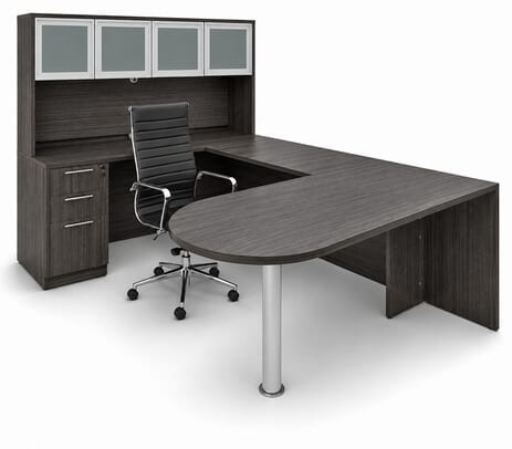 Charcoal Woodgrain Laminate Peninsula U-Desk w/Hutch
