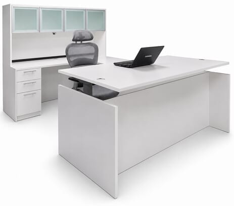 White Adjustable Height Rectangular Front U-Shaped Desk w/Hutch