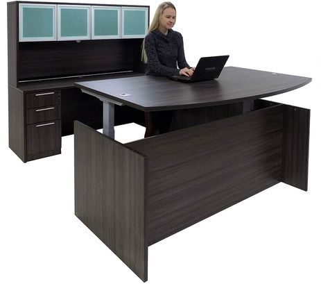 Adjustable Height Bow Front U-Shaped Desk w/Hutch in Charcoal