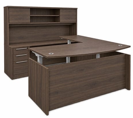 Columbia Walnut Bow Front U-Shaped Desk with Hutch, Height Adjustable L-Surface, 3 Drawers & Hutch - 71