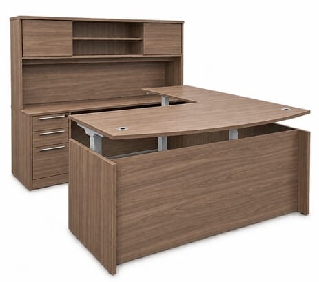 Urban Walnut Bow Front U-Shaped Desk with Hutch, Height Adjustable L-Surface, 3 Drawers & Hutch - 71