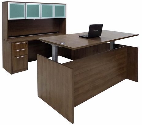 Modern Walnut Adjustable Height Rectangular Front U-Shaped Desk w/Hutch