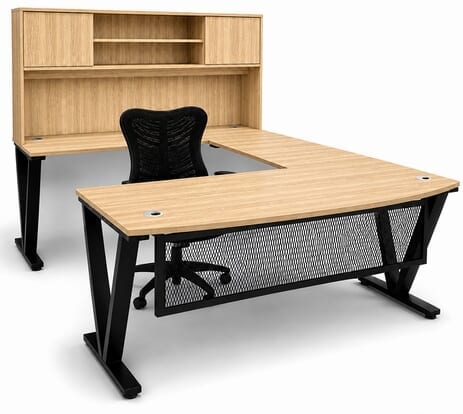 Beaumont Oak Steel V-Leg Bow Front U-Shaped Desk with Hutch
