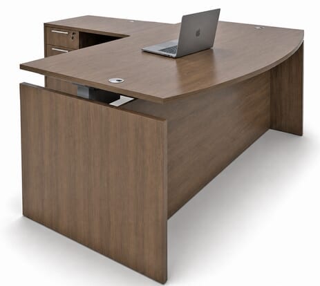 Modern Walnut Adjustable Height Bow Front L-Shaped Desk