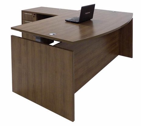 Modern Walnut Adjustable Height Bow Front L-Shaped Desk