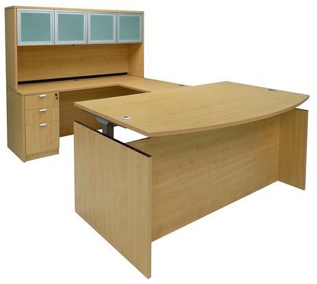 Adjustable Height Bow Front U-Shaped Desk w/Hutch in Maple