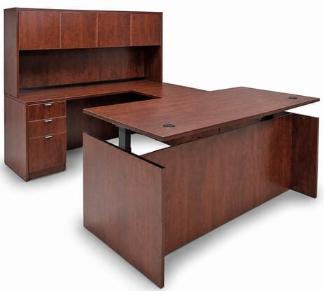 Cherry Adjustable Height Rectangular Front U-Shaped Desk w/Hutch