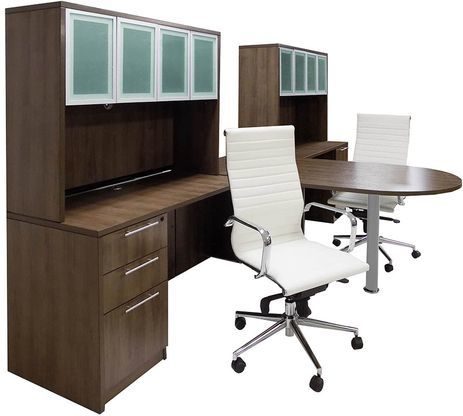 Modern Walnut 2-Person Shared Workstation w/Hutches