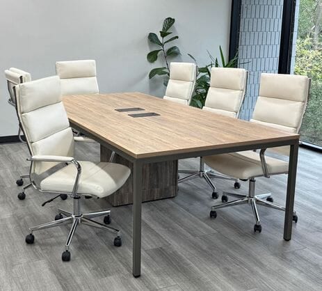 8' Contrasts Rustic Conference Table w/ 6 Cream Leather Chairs Set