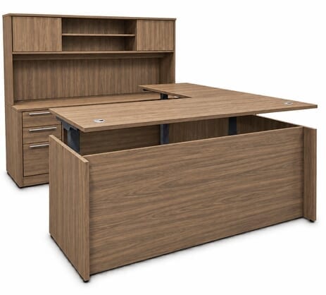 Urban Walnut Rectangular U-Shaped Workstation, Height Adjustable L-Surface, 3 Drawers & Hutch - 71
