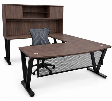 Columbia Walnut Steel V-Leg Bow Front U-Shaped Desk with Hutch