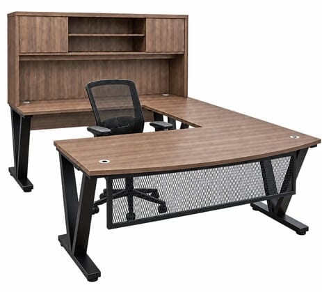 Urban Walnut Steel V-Leg Bow Front U-Shaped Desk with Hutch
