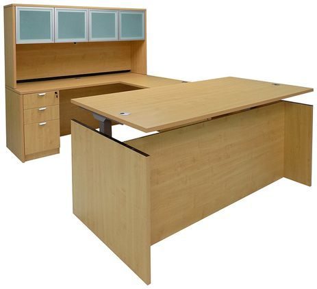 Maple Adjustable Height Rectangular Front U-Shaped Desk w/Hutch