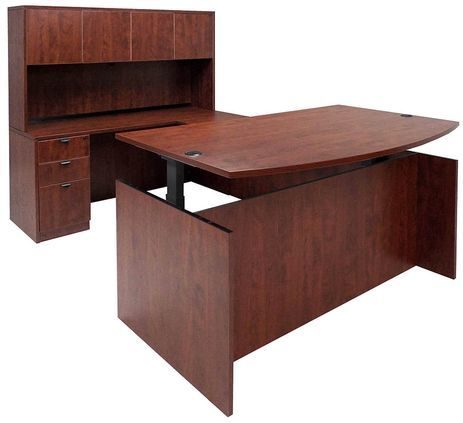 Adjustable Height Bow Front U-Shaped Desk w/Hutch in Cherry