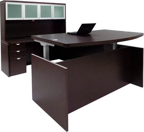 Adjustable Height Bow Front U-Shaped Desk w/Hutch in Mocha