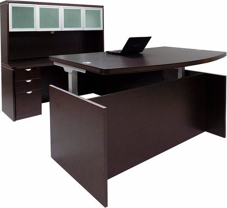 Adjustable Height Bow Front U-Shaped Desk w/Hutch in Mocha