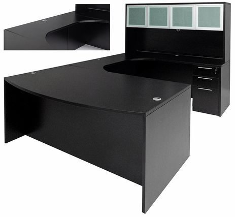 Black Conference U-Shaped Workstation w/Hutch & Curved Bridge