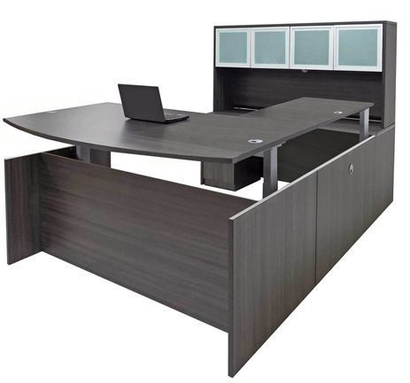 Enclosed Bow Front U-Shaped Desk with Hutch and Height Adjustable L-Surface