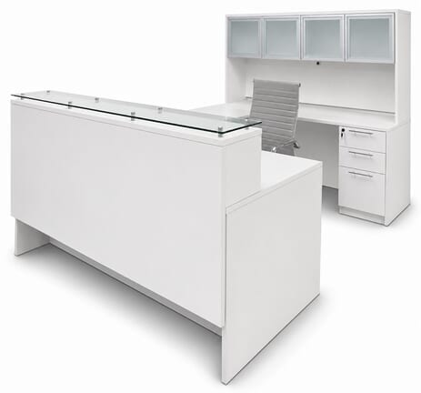 Emerge Glass Top U-Shaped Reception Workstation w/Drawers, Hutch, & LED Light - 71