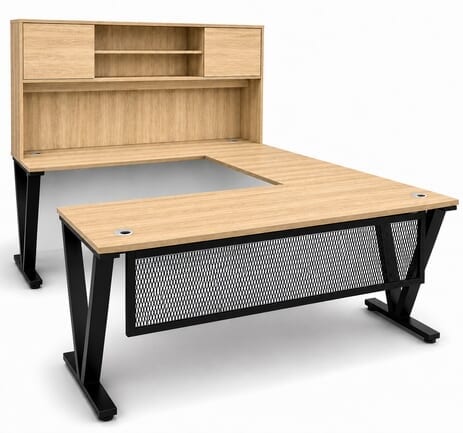 Beaumont Oak Steel V-Leg Rectangular Front U-Shaped Desk with Hutch