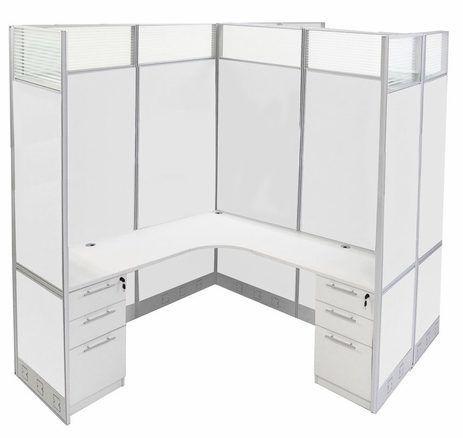 12'W x 6'D x 7'H White Washable Laminate Complete 2-Person L-Shaped Lateral Add-On Office Cubicles w/Files