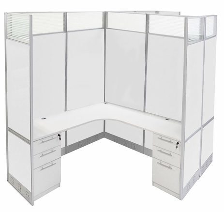 12'W x 6'D x 7'H White Laminate Washable Complete 2-Person L-Shaped Office Cubicle w/Files - Starter Unit