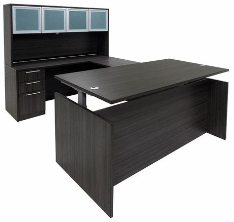 Charcoal Adjustable Height Rectangular Front U-Shaped Desk w/Hutch