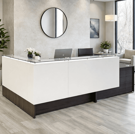 Emerge Glass Top Wrap Around Two-Person L-Shaped Lobby Desk with ADA Surface