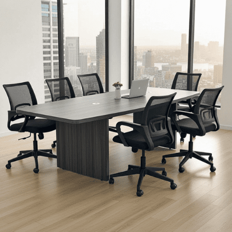 8' Charcoal Boat Shaped Table w/ 6 Black Mesh Mod Swivel Chairs Set