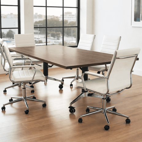 8' Folding Rectangular Conference table with Six Padded Modern Classic Cream Leather Chairs Set