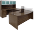 Adjustable Height Bow Front U-Shaped Desk w/Hutch in Modern Walnut