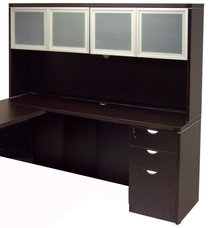 Mocha UShaped Reception Desk w/Frosted Glass Panel & Hutch