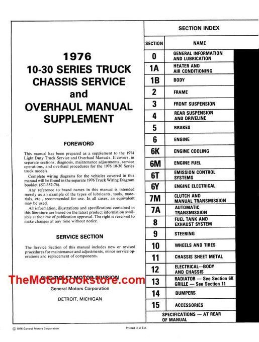 1976 Chevrolet Light Duty Truck Service and Overhaul Manual Supplement