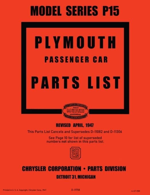19461947 Plymouth Parts Catalog Model Series P15 OEM