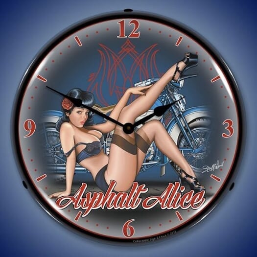 Asphalt Alice Wall Clock, LED Lighted: Motorcycle Theme