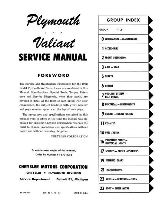 1962 Plymouth Belvedere Fury Savoy Valiant Shop Service Repair Manual Book Guide 