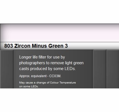 Zircon 803 Minus Green 3 LED Lighting Gel Sheet