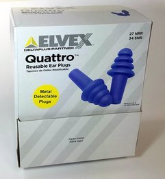 Elvex Quattro EP-416 Fully Metal Detectable Reusable Ear Plugs Corded (NRR 27, SNR 34) (Box of 100 Pairs)
